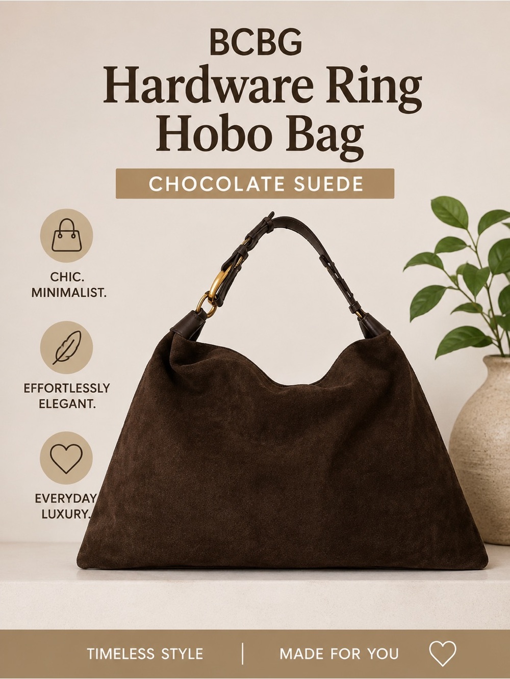 BCBG Hardware Ring Hobo Bag Chocolate Brown Suede Gold Hardware